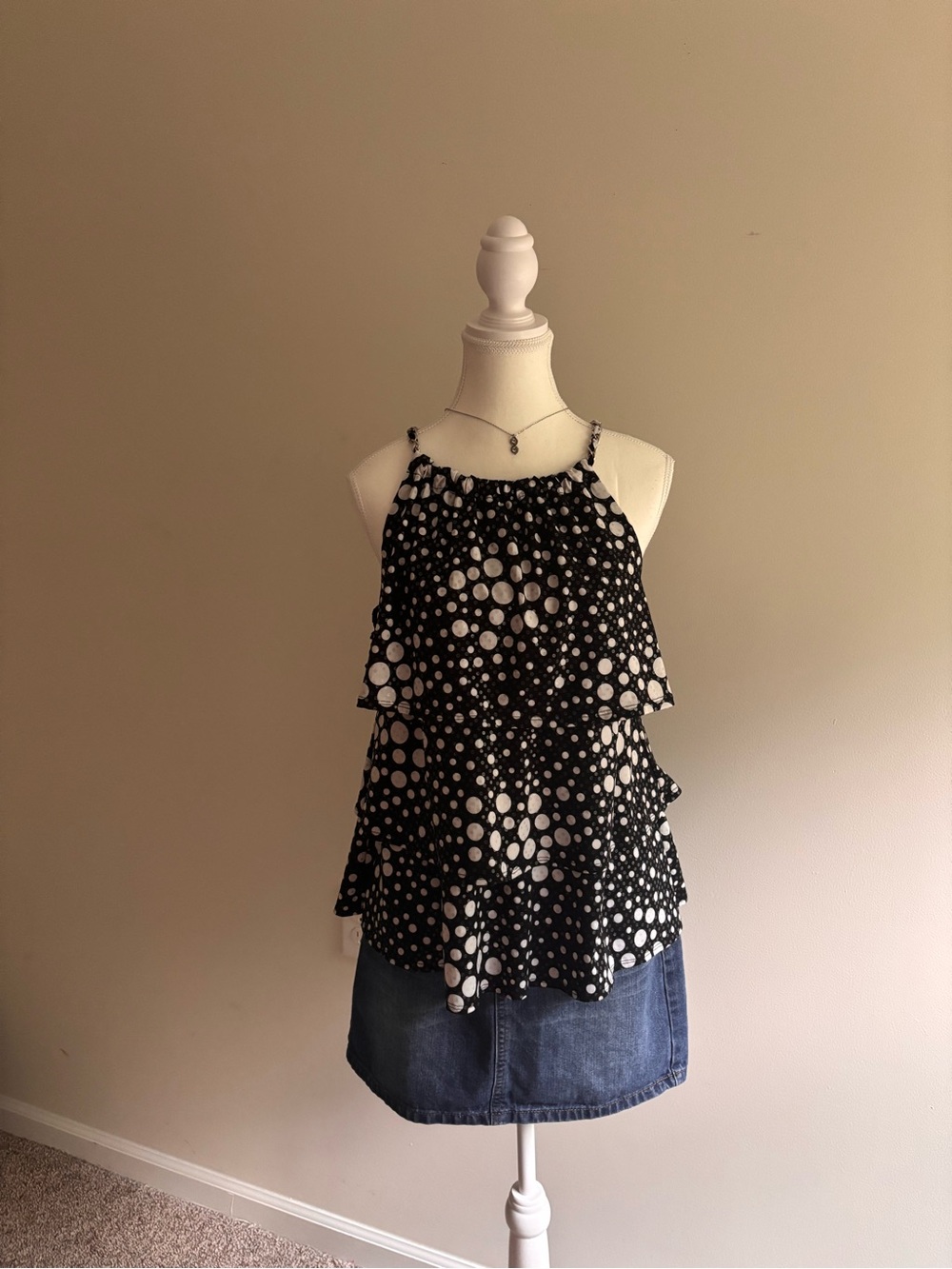 MSK Black and White Polka Dot Ruffle Halter Camisole
